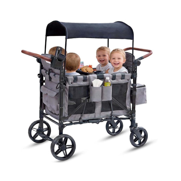 ICEEIF 4 Seater Wagon Stroller for Kids, Foldable Stroller Wagon with Snack Tray, Large Storage Bags, Phone Cup Holder, Removable Canopy and Adjustable Push Handle, Gray