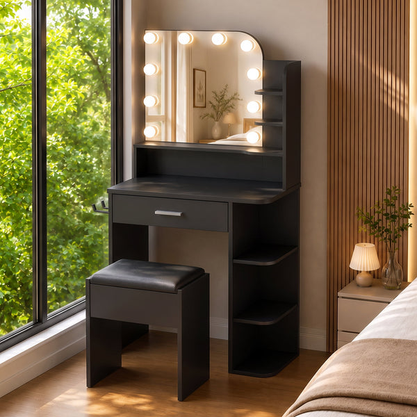 ICEELF Black Makeup Vanity with Chair, Small Vanity Desk with Mirror & 3 Color Lights, Girls Vanity Set with Power Outlet for Small Space