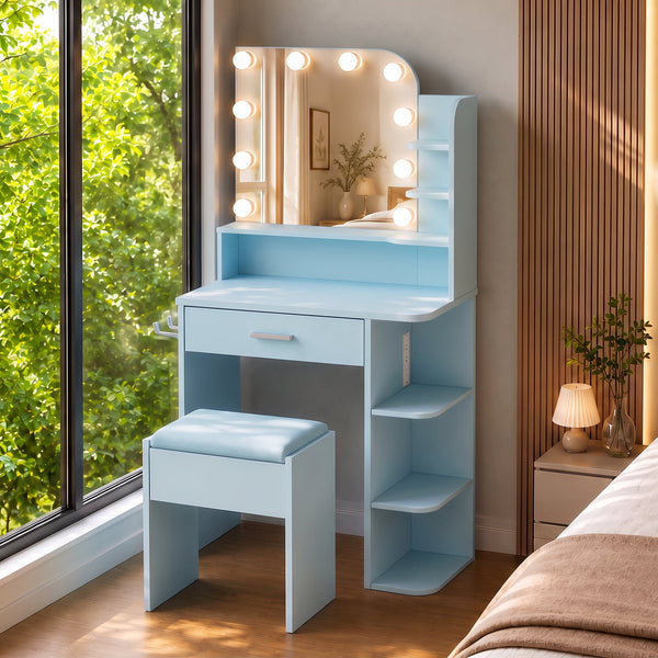 ICEELF Blue Makeup Vanity with Chair, Small Vanity Desk with Mirror & 3 Color Lights, Girls Vanity Set with Power Outlet for Small Space