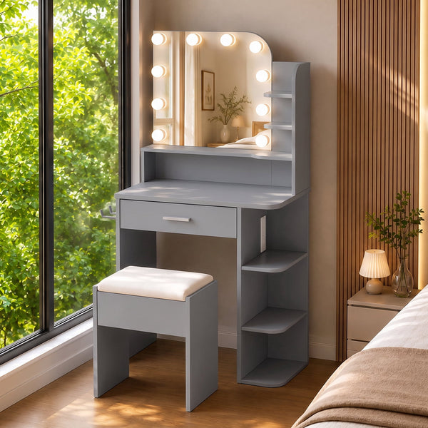 ICEEIF Gray Makeup Vanity with Chair, Small Vanity Desk with Mirror & 3 Color Lights, Girls Vanity Set with Power Outlet for Small Space