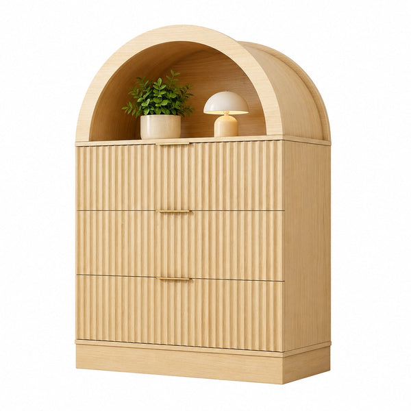 ICEELF Curved Bathroom Storage Cabinet with 3 Drawers, Freestanding Modern Storage Cabinet with Arched Shelf, Compact Wood Grain Organizer for Bathroom, Kitchen, Living Room
