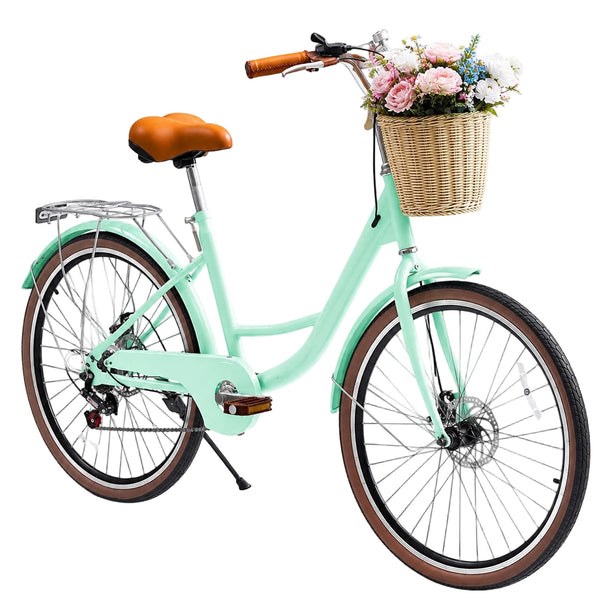 ICEELF Beach Cruiser Bike for Women, 24 Inch 7‑Speed Adult Commuter Bicycle with Rattan Basket, Adjustable Seat & Step‑Through Frame