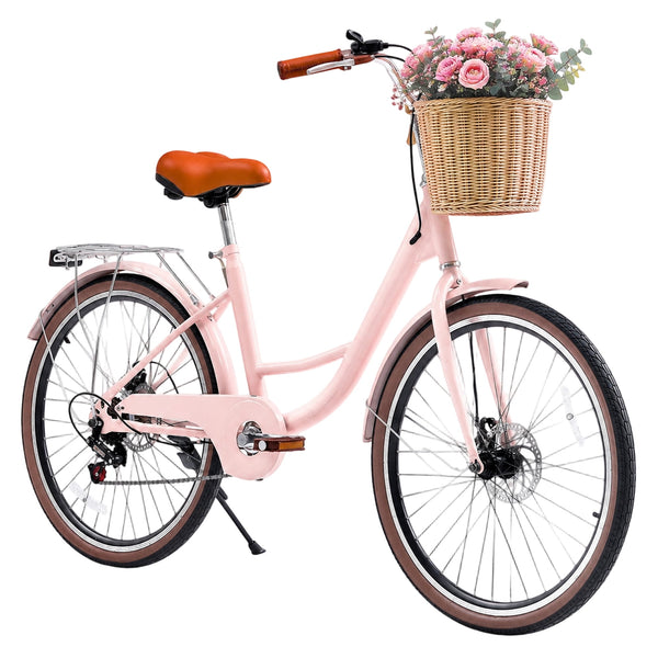 ICEELF Beach Cruiser Bike for Women, 24 Inch 7‑Speed Adult Commuter Bicycle with Rattan Basket, Adjustable Seat & Step‑Through Frame