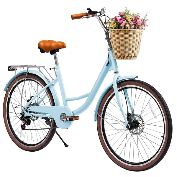 ICEELF Beach Cruiser Bike for Women, 24 Inch 7‑Speed Adult Commuter Bicycle with Rattan Basket, Adjustable Seat & Step‑Through Frame