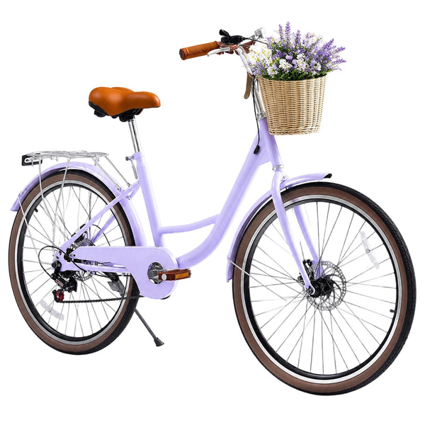 ICEELF Beach Cruiser Bike for Women, 24 Inch 7‑Speed Adult Commuter Bicycle with Rattan Basket, Adjustable Seat & Step‑Through Frame