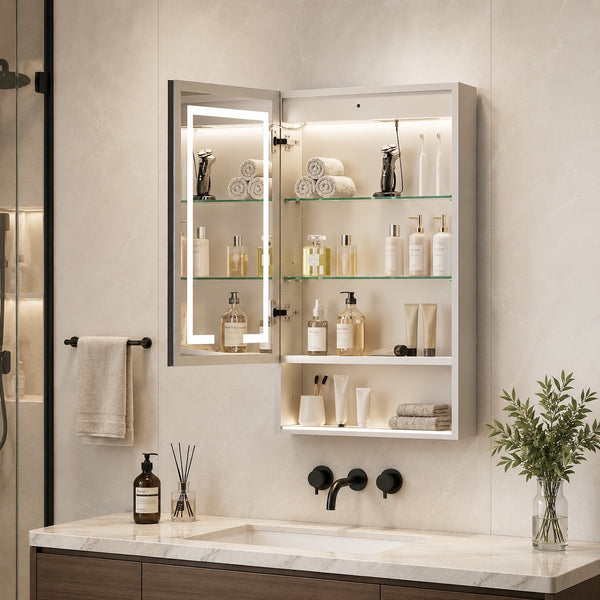 ICEELF Lighted Medicine Cabinet for Bathroom, 20"x34" Double-Sided LED Mirror Cabinet with Anti-Fog, Adjustable 3-Color Lighting, 2 USB Ports, 2 Outlets, Aluminum Wall Mounted Medicine Cabinet