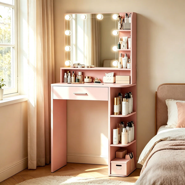 ICEELF Makeup Vanity Desk with Mirror and Lights, 26.4" Small Vanity with Large LED Mirror, 3 Color Modes, 1 Drawer & 6 Storage Spaces(Pink)