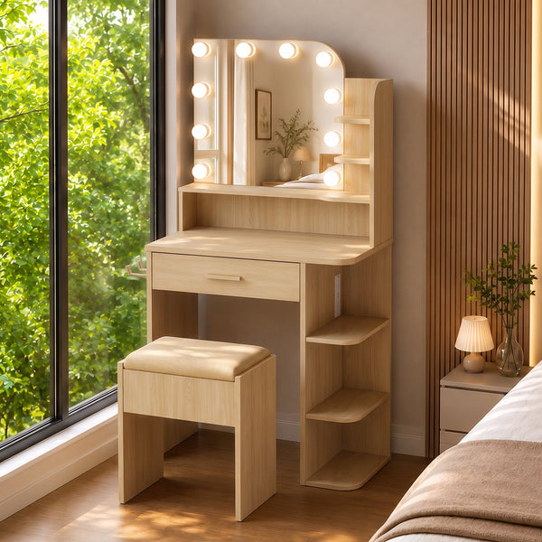 ICEELF Oak Makeup Vanity with Chair, Small Vanity Desk with Mirror & 3 Color Lights, Girls Vanity Set with Power Outlet for Small Space