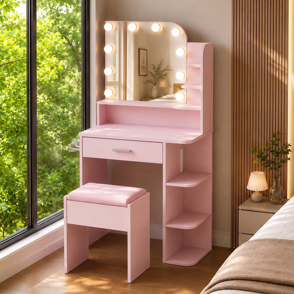 ICEELF Pink Makeup Vanity with Chair, Small Vanity Desk with Mirror & 3 Color Lights, Girls Vanity Set with Power Outlet for Small Space