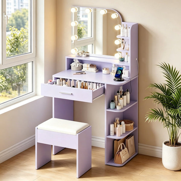 ICEELF Purple Makeup Vanity with Chair, Small Vanity Desk with Mirror & 3 Color Lights, Girls Vanity Set with Power Outlet for Small Space