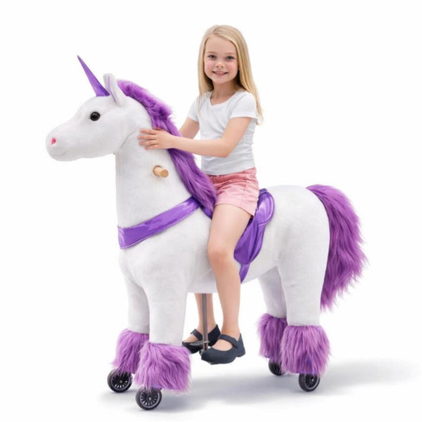 ICEELF Ride-On Unicorn Toy for Kids & Adults, Mechanical Walking Plush Unicorn, No Battery Powered Riding Animal with Steering Handle, Max Load 187 lbs, Purple