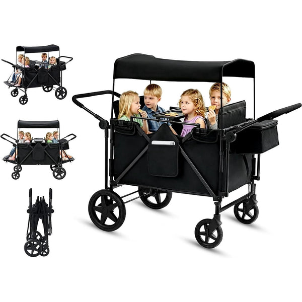 ICEELF Stroller Wagon for 4 Kids, 4 Seater Wagon Stroller with Convertible Seats, Adjustable Footrests, Snack Tray, Storage Bags, Removable Canopy, Double Push Handle for Travel, Camping, Park, Black