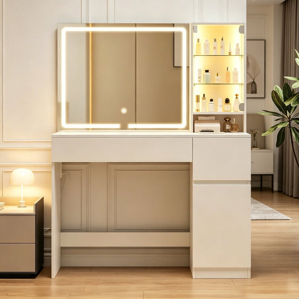 ICEELF White Makeup Vanity Desk with Mirror and Lights, Glass Top Vanity with Jewelry Storage, Power Outlet, 3 Modes, 2 Drawers for Bedroom
