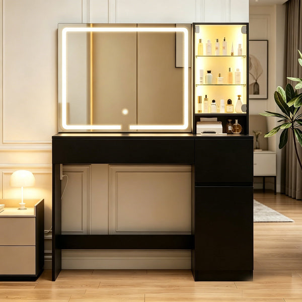 ICEELF White Makeup Vanity Desk with Mirror and Lights, Glass Top Vanity with Jewelry Storage, Power Outlet, 3 Modes, 2 Drawers for Bedroom
