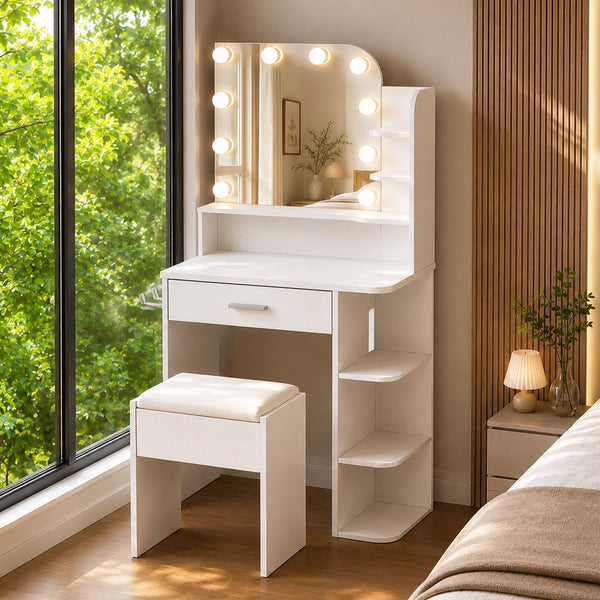 ICEELF White Makeup Vanity with Chair, Small Vanity Desk with Mirror & 3 Color Lights, Girls Vanity Set with Power Outlet for Small Space