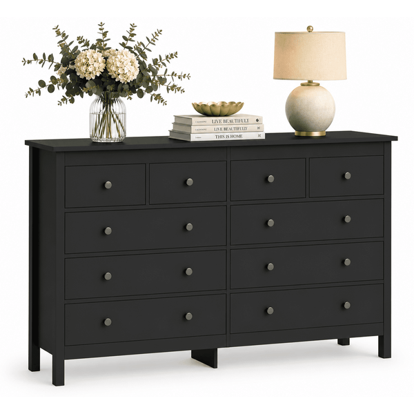 ICEELF 10 Drawer Dresser, 50" Modern Black Double Dresser, Wide Chest of Drawers for Bedroom, Living Room & Entryway