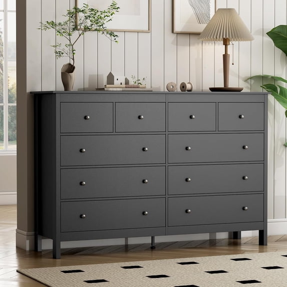 NEORIVER Black Dresser, 10 Drawer Dresser, 55" Modern Wooden Dressers Chests of Drawer, 10 Drawers Wide Dresser for Bedroom
