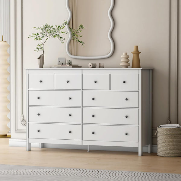 10 Drawer Dresser, 55" Modern White Dressers & Chests of Drawers, Adult 10 Drawers Wide Wood Dresser for Bedroom, Living Room
