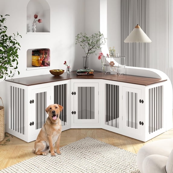 NEORIVER 113" Large Dog Crate Furniture for 3 Dogs, Corner Dog Crate with Divider, Wooden Indoor Dog Kennel Furniture, Dog Crate cage for Large Medium Small Dogs, Combined in 3 Ways