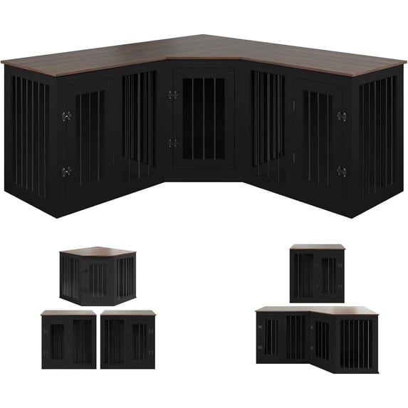 NEORIVER 113" Large Dog Crate Furniture for 3 Dogs, Corner Dog Crate with Divider, Wooden Indoor Dog Kennel Furniture, Dog Crate cage for Large Medium Small Dogs, Combined in 3 Ways