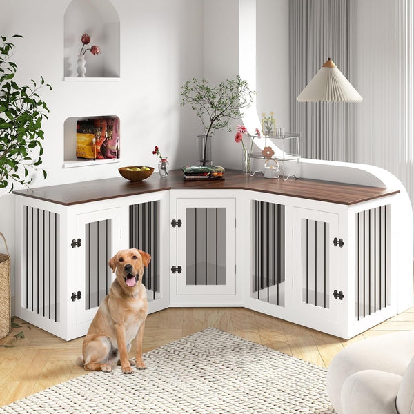 Pipleo 113" Large Dog Crate Furniture for 3 Dogs, Corner Dog Crate with Divider, Wooden Indoor Dog Kennel Furniture, Dog Crate cage for Large Medium Small Dogs, Combined in 3 Ways