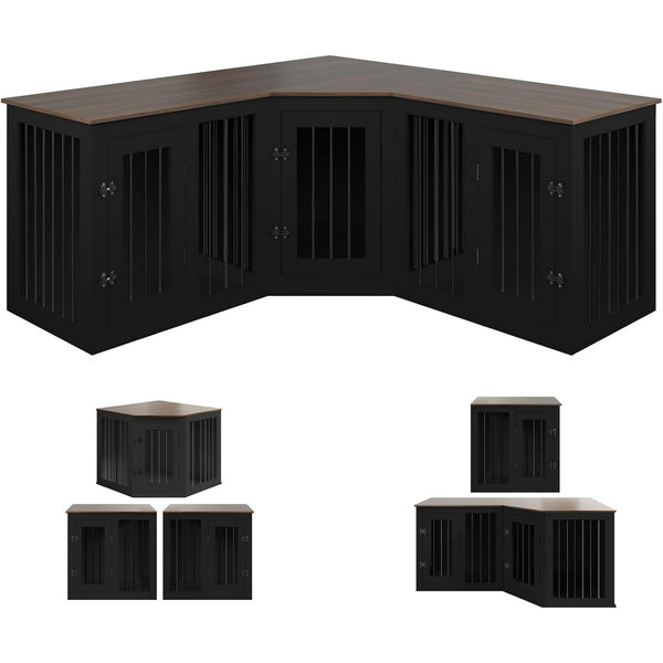 ICEELF 113" Large Dog Crate Furniture for 3 Dogs, Corner Dog Crate with Divider, Wooden Indoor Dog Kennel Furniture, Dog Crate cage for Large Medium Small Dogs, Combined in 3 Ways