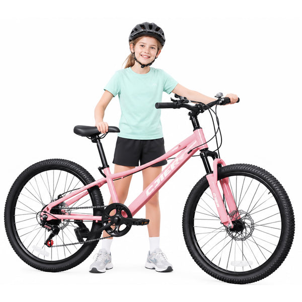ICEELF 24 Inch Kids&Teen Mountain Bike, 7-Speed Bicycle for Boys & Girls, Carbon Steel Frame, Suspension Fork, Dual Disc Brakes, Pink