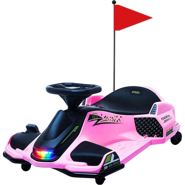 ICEELF 24V Electric Drift Go Kart for Kids, 360째 Rotating Ride-On Car with 180W Brushless Motor, High/Low Speed, Lights, Music, Bluetooth, USB, Replacement Wheels, Pink