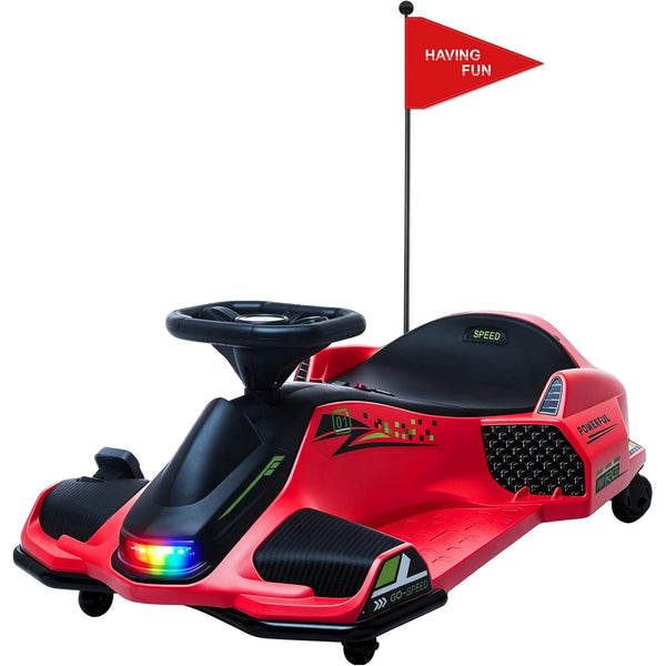 ICEELF 24V Electric Drift Go Kart for Kids, 360째 Rotating Ride-On Car with 180W Brushless Motor, High/Low Speed, Lights, Music, Bluetooth, USB, Replacement Wheels, Red