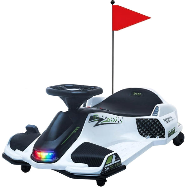ICEELF 24V Electric Drift Go Kart for Kids, 360째 Rotating Ride-On Car with 180W Brushless Motor, High/Low Speed, Lights, Music, Bluetooth, USB, Replacement Wheels, White