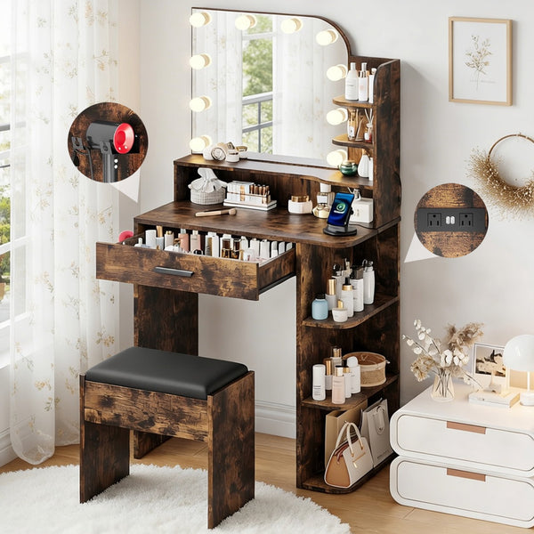 Pipleo 26.4" Small Makeup Vanity Set with Mirror and Lights, Modern Vanity Desk with Bench and Power Outlets
