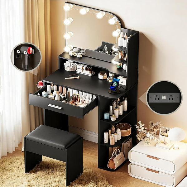 Pipleo Vanity Set with Lighted Mirror, Modern Makeup Vanity Desk with Drawers for Women, 1 Piece