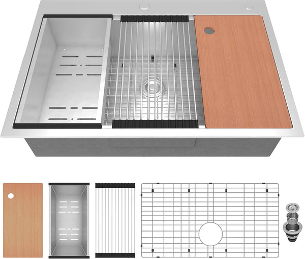 33 x 22 Inch Drop in Kitchen Sink, Pipleo 16 Gauge Stainless Steel Kitchen Sinks, 9 inch Deep Single Bow Kitchen Sink with Cutting Board, Colander, Roll-Up Rack, Workstation Sink for Kitchen