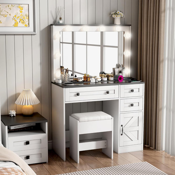 35.4" Makeup Vanity Desk with Mirror and Light,Glass Tabletop Farmhouse White Vanity with Power Outlet & 3 Drawers, 3 Color Lighting Mode, Bedroom Vanity Desk for Girl, Women
