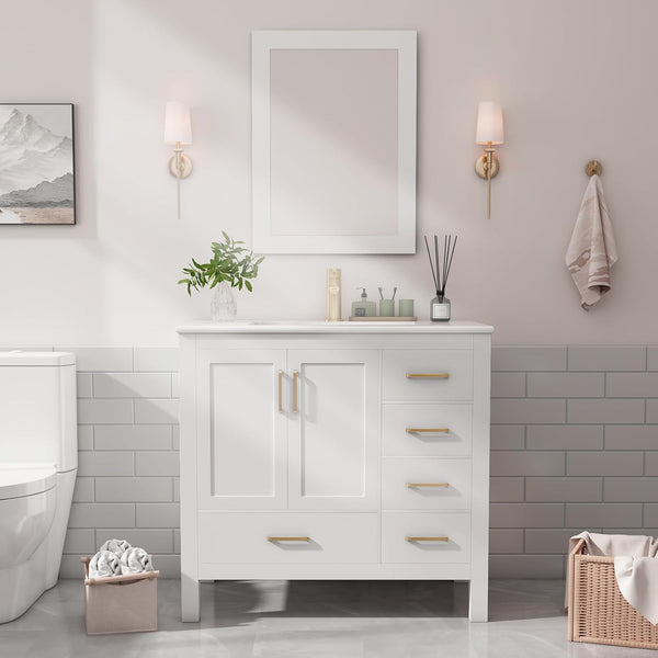 36" Bathroom Vanity with Sink and Faucet, Ceramic Countertop, Ceramic Sink, Mirror, Pop up Drain, Drain Pipe, 9/16'' Hot and Cold Pipes, Soft-Close Doors, and 5 Drawers