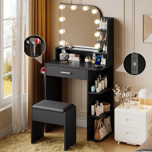 Pipleo 26.4" Small Makeup Vanity Set with Mirror and Lights, Modern Vanity Desk with Bench and Power Outlets