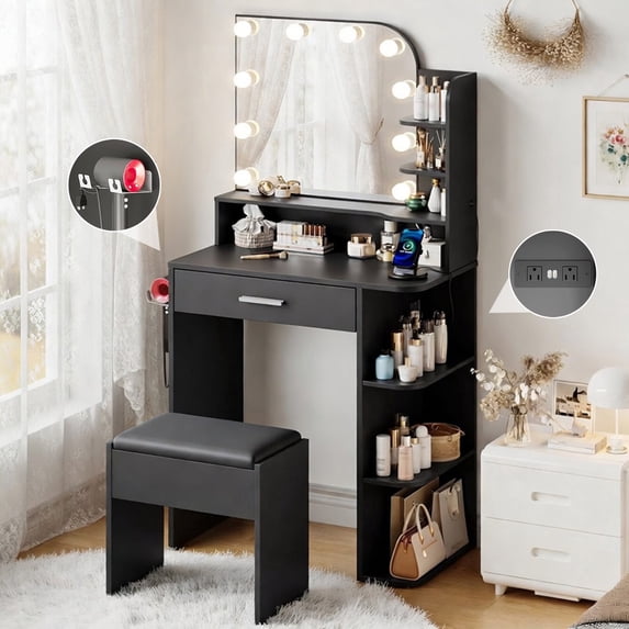 26.4" Small Makeup Vanity Set with Mirror and Lights, NEORIVER Modern Vanity Desk with Bench and Power Outlets