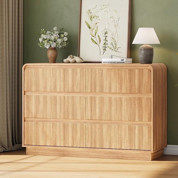 NEORIVER 48" Fluted 6-Drawer Dresser, Handleless Wooden Chest with Curved Design for Bedroom & Living Room, Natural Oak