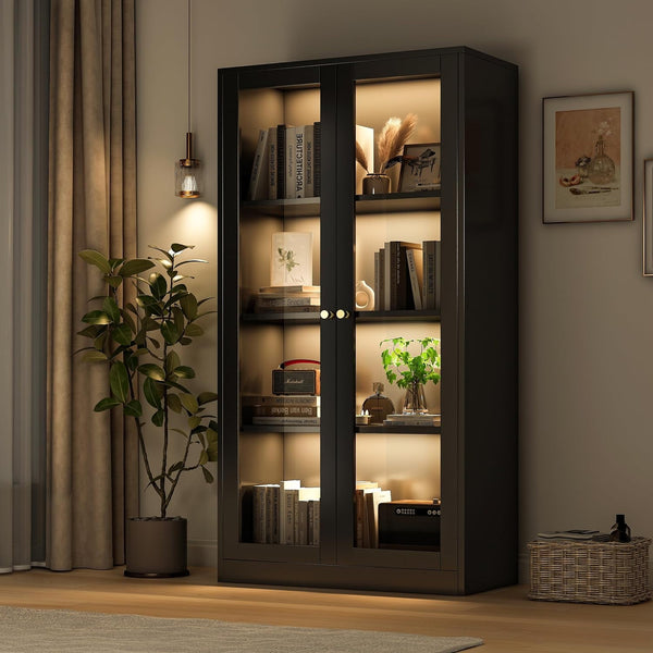63'' Display Cabinet, Glass Display Cabinet with LED Light, 3 Adjustable Shelves