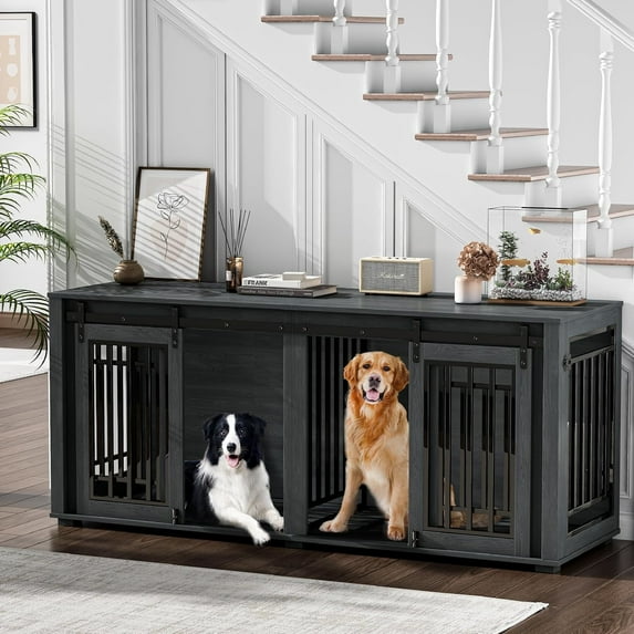 NEORIVER Large Dog Crate Furniture for 2 Dogs, 71" Sliding Door Heavy Duty Dog Kennel Furniture with Divider, Steel Frame Indoor Double Dog Crate for Large Medium Small Dogs, Dark Black