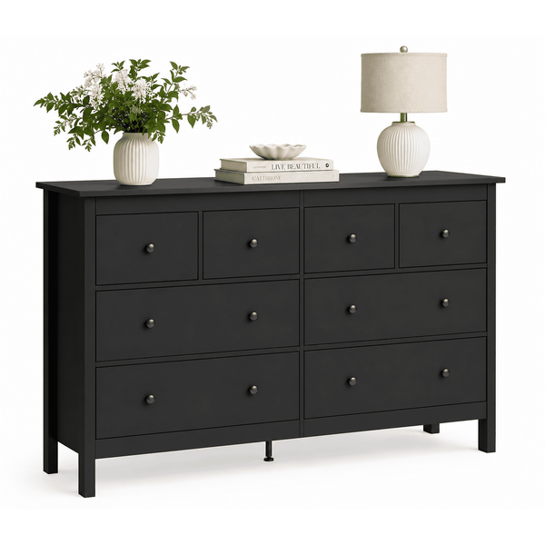 ICEELF 8 Drawer Dresser, 50" Modern Black Double Dresser, Wide Chest of Drawers for Bedroom, Living Room & Entryway