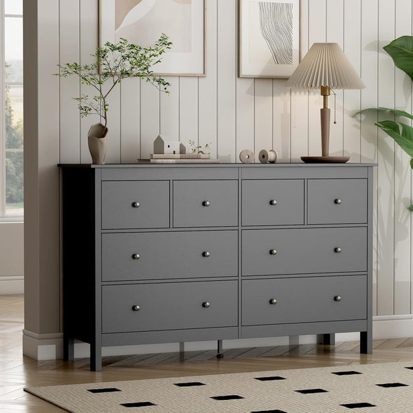 NEORIVER Black Dresser, 8 Drawer Dresser, 50" Modern Wooden Dressers Chests of Drawer, 8 Drawers Wide Dresser for Bedroom