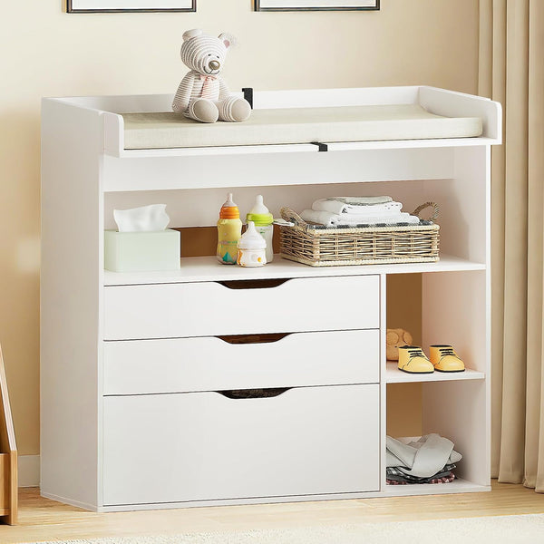 Linor Baby Changing Table Dresser with 3 Drawers and 3 Storage Shelves, Can be Used as a Baby Dresser with Changing Table Top, a Baby Changing Station, a Wood Diaper Changing Station (White)