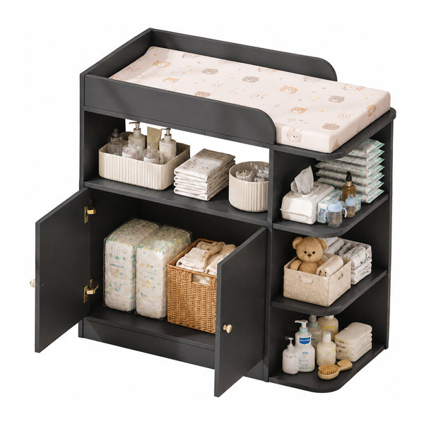 ICEELF Baby Changing Table Dresser, Nursery Diaper Changing Station with Large Cabinet, 4 Open Shelves, Crystal Knobs, Changing Table Top (No Pad)