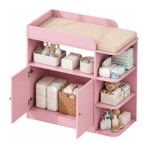 ICEELF Baby Changing Table Dresser, Nursery Diaper Changing Station with Large Cabinet, 4 Open Shelves, Crystal Knobs, Changing Table Top (No Pad)