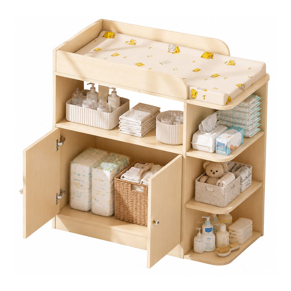 ICEELF Baby Changing Table Dresser, Nursery Diaper Changing Station with Large Cabinet, 4 Open Shelves, Crystal Knobs, Changing Table Top (No Pad)