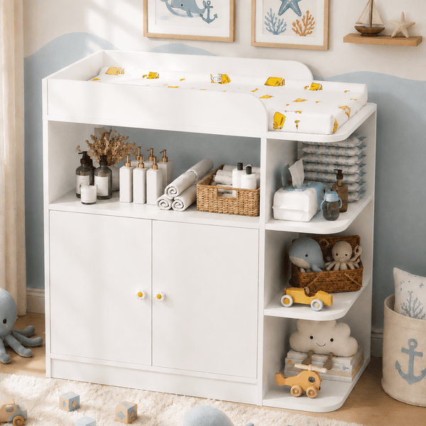 Linor Baby Changing Table Dresser with Large Cabinet, 4 Open Shelves, Anti-tip, and Storage Shelves, Sturdy, Easy-clean, White