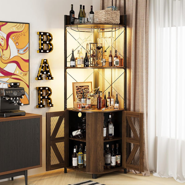 Corner Bar Cabinet with RGB LED Lights and Power Outlet, 63 Inch, 5-Tier Industrial Corner Wine Cabinet with Glass Holder, Corner Liquor Cabinet for Home, Coffee Bar Cabinet