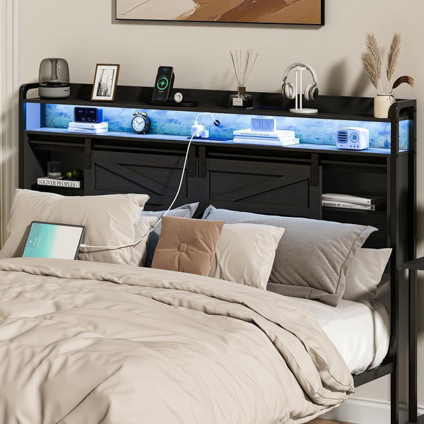 NEORIVER Headboard Queen Size, 3-Tier Storage Headboard with Outlets, USB Ports and LED Light, Queen Headboard Only with Sliding Barn Doors, Width Adjustable, Queen Headboard for Queen Size Beds