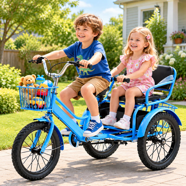 ICEELF Height-Adjustable Dual-Seat Kids Tricycle, Dual Handbrake, 3 Storage Baskets, 16 Inch Tandem Trike for Ages 4-9